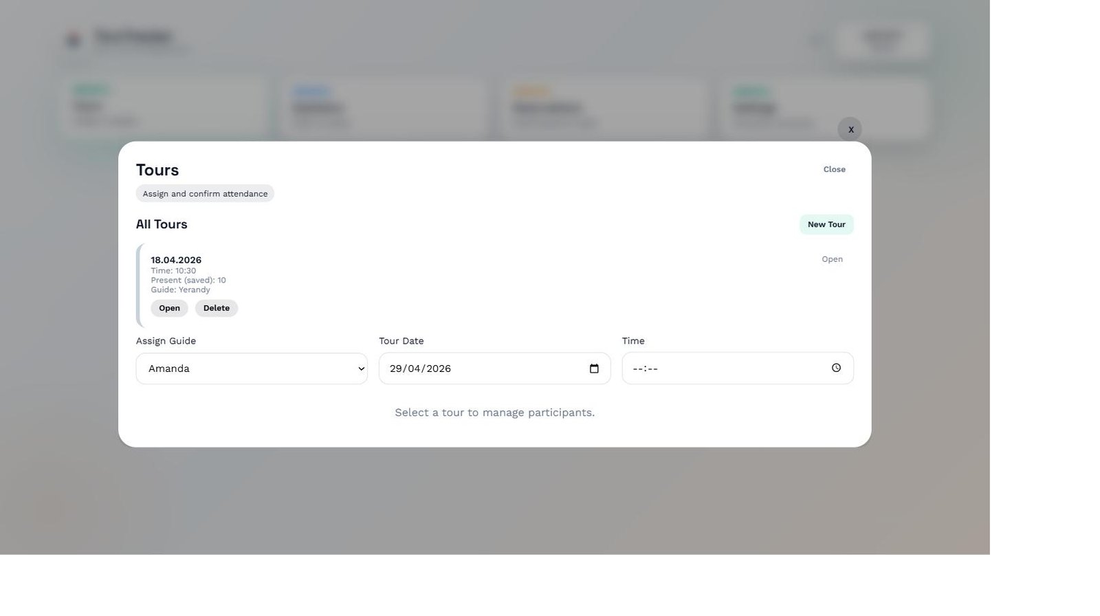 Tours module showing the tour list and creation form