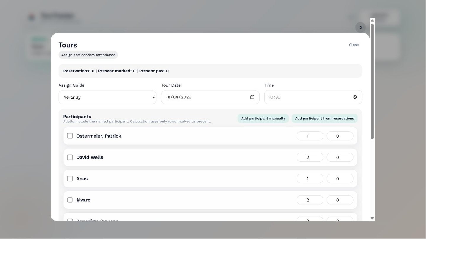 Tour detail showing participant list with present checkboxes