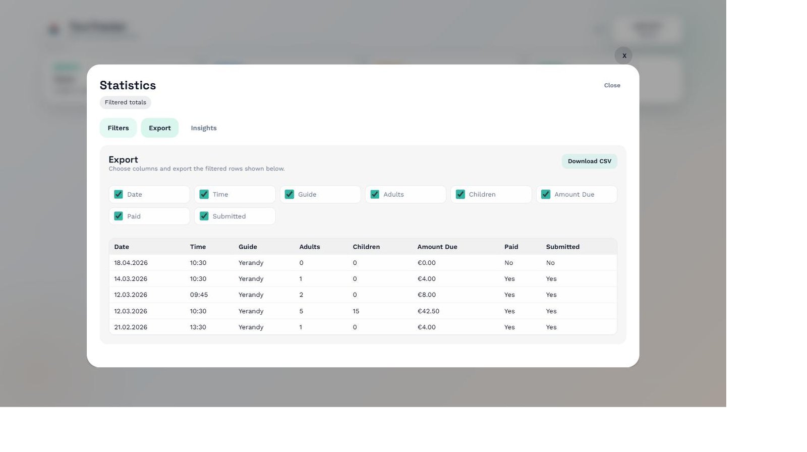 Statistics Export tab with column selector and preview table
