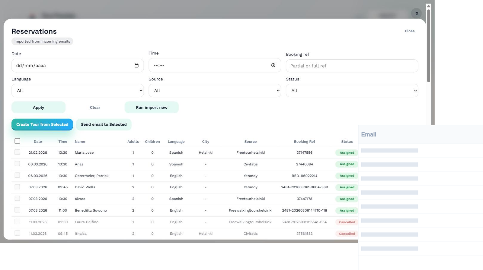 Reservations table with filters and action buttons