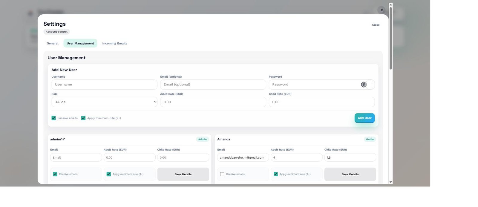 User Management settings panel