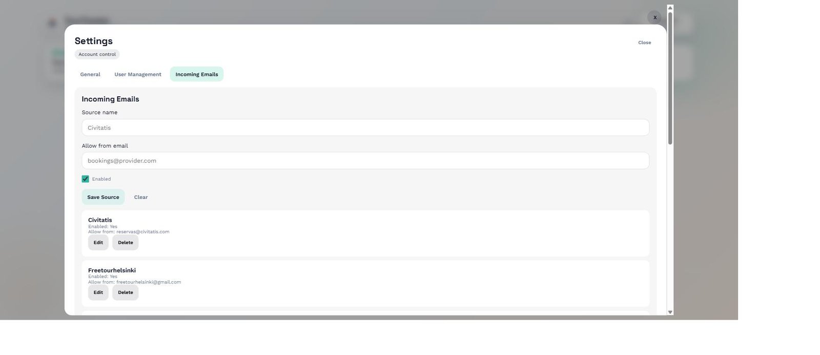 Incoming Emails settings with source list